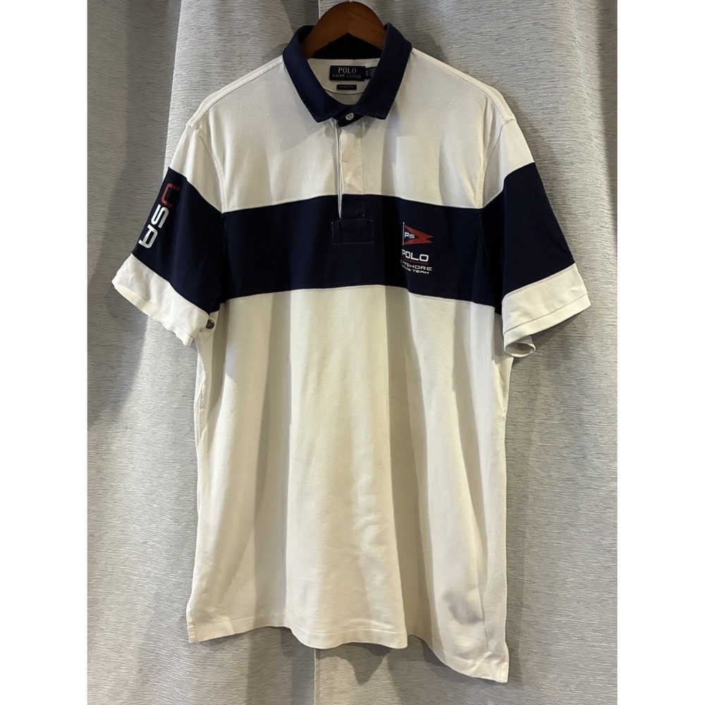 Polo Ralph Lauren Polo Shirt Mens XL White Blue P15 Offshore Sailing USA Flag - Picture 2 of 6